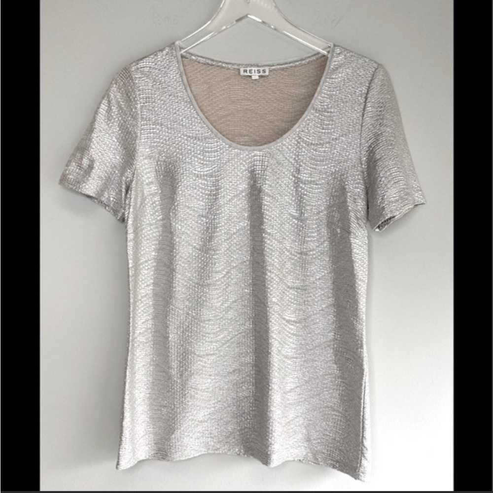 Reiss Silver Metallic Scoop Neck T-shirt Top Shirt Blouse Size S